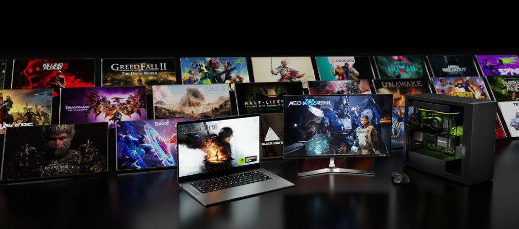 Cloud Gaming vs PC Gamer: Comparación de juegos AAA en GeForce NOW powered by Digevo, mostrando títulos como GreedFall II, Dragon Age y Final Fantasy XVI en laptop, monitor y PC Gamer.