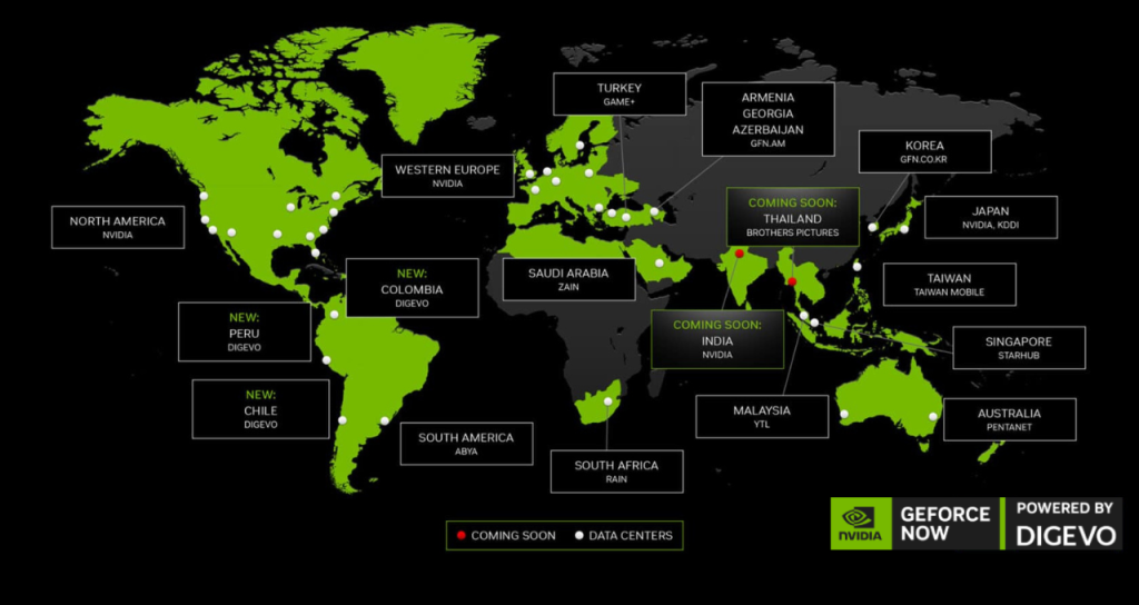 Mapa global destacando los países con acceso a GeForce NOW, incluyendo los nuevos lanzamientos de gaming en la nube en Colombia, Chile y próximamente Perú.