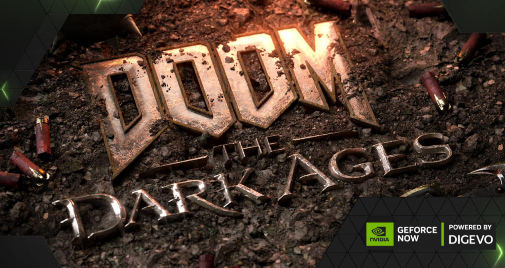 Logotipo del juego DOOM: The Dark Ages, con un diseño robusto sobre tierra y casquillos de bala, representando la acción intensa del título.